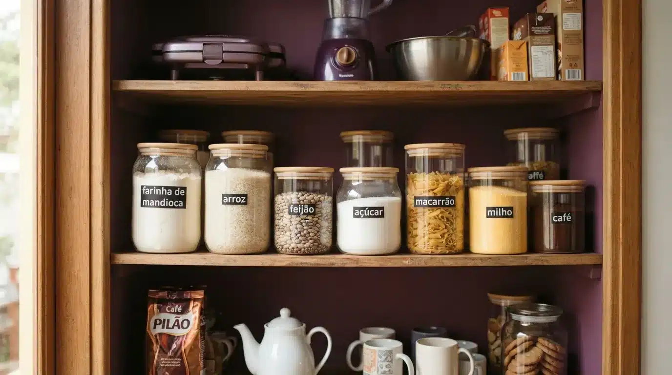 Fotografia em plano detalhado de uma despensa de madeira perfeitamente organizada contra um fundo roxo. Na prateleira central, potes de vidro herméticos com tampas de madeira exibem etiquetas pretas escritas em branco: farinha de mandioca, arroz, feijão, açúcar, macarrão, milho e café. A prateleira superior acomoda eletrodomésticos em tom roxo, como sanduicheira e liquidificador, além de caixas de alimentos. A prateleira inferior guarda um pacote de café Pilão, um bule branco de porcelana, canecas e um pote com biscoitos.