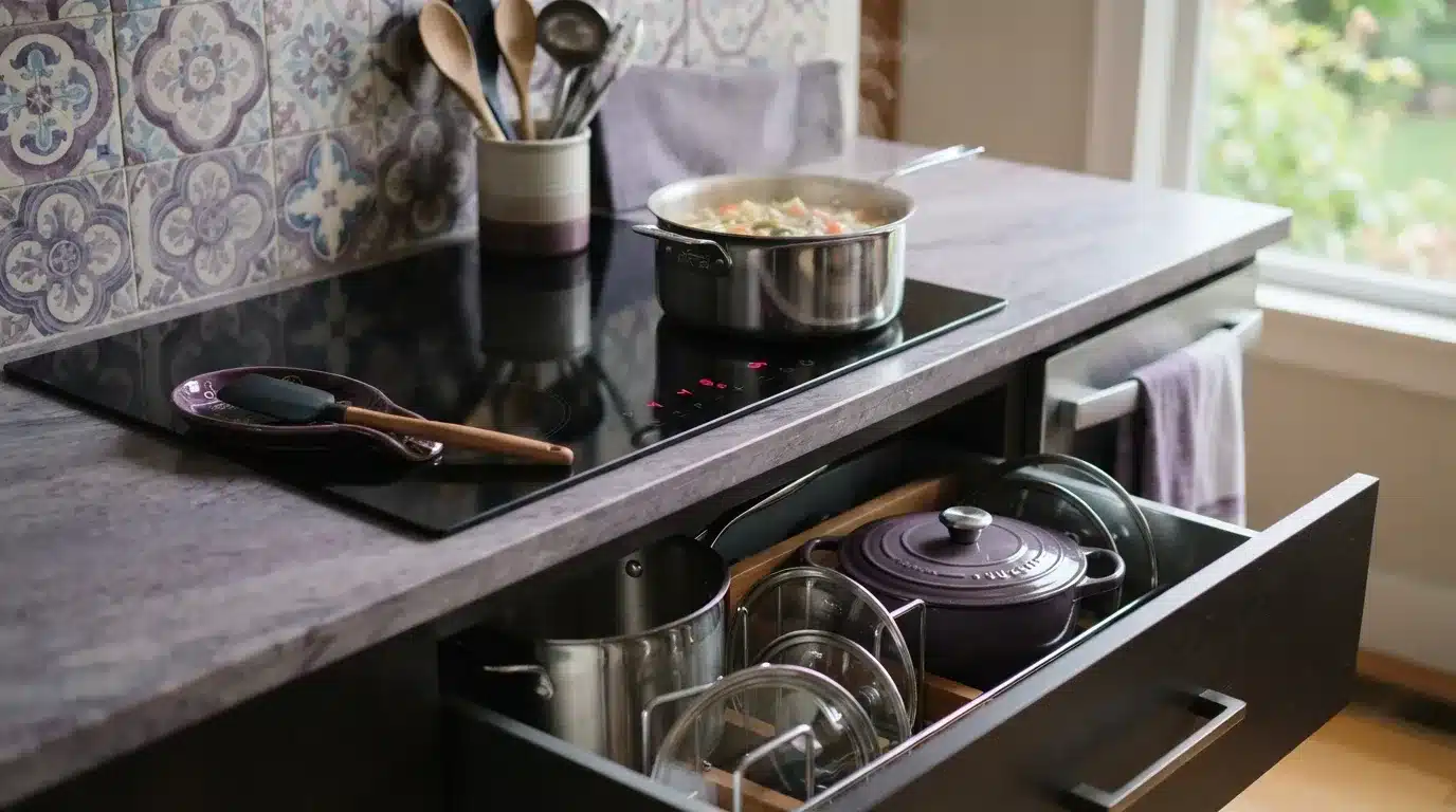 Fotografia em plano médio de uma cozinha organizada com balcão de granito e cooktop de indução preto aceso. Sobre o fogão, uma panela de inox fumega ao cozinhar um ensopado de legumes. Logo abaixo, uma gaveta ampla de madeira escura está aberta, mostrando a organização interna com suportes para tampas de vidro, panelas de inox e uma caçarola esmaltada roxa. Ao fundo, destacam-se azulejos decorativos em tom roxo e branco no estilo português e um porta-utensílios com colheres de pau.