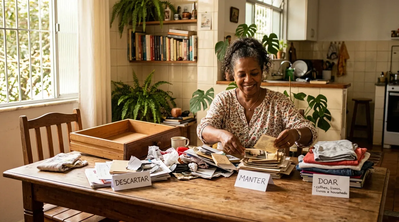 Uma mulher sorridente à mesa de jantar organizando pertences pessoais. À sua frente, papéis e objetos estão divididos por placas com as marcações "DESCARTAR", "MANTER" (onde ela analisa fotos antigas) e "DOAR" (ao lado de uma pilha de roupas dobradas), em um ambiente iluminado e decorado com plantas.