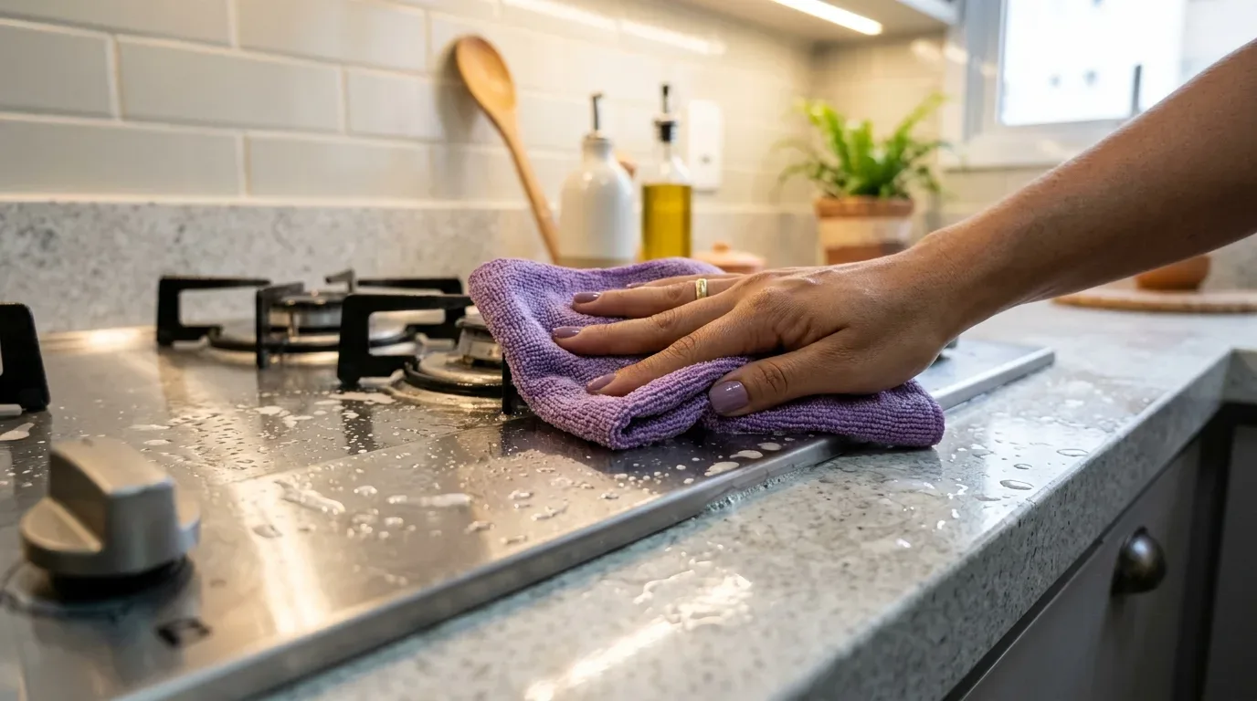 Close-up em plano detalhado de uma mão com unhas pintadas de roxo e anel de compromisso, utilizando um pano de microfibra roxo para limpar a superfície ensaboada de um fogão cooktop de inox. Gotas de espuma de sabão cobrem a bancada de granito claro ao redor das bocas do fogão. Ao fundo desfocado, observam-se azulejos brancos estilo metrô, colheres de pau e uma garrafa de azeite sobre a bancada.
