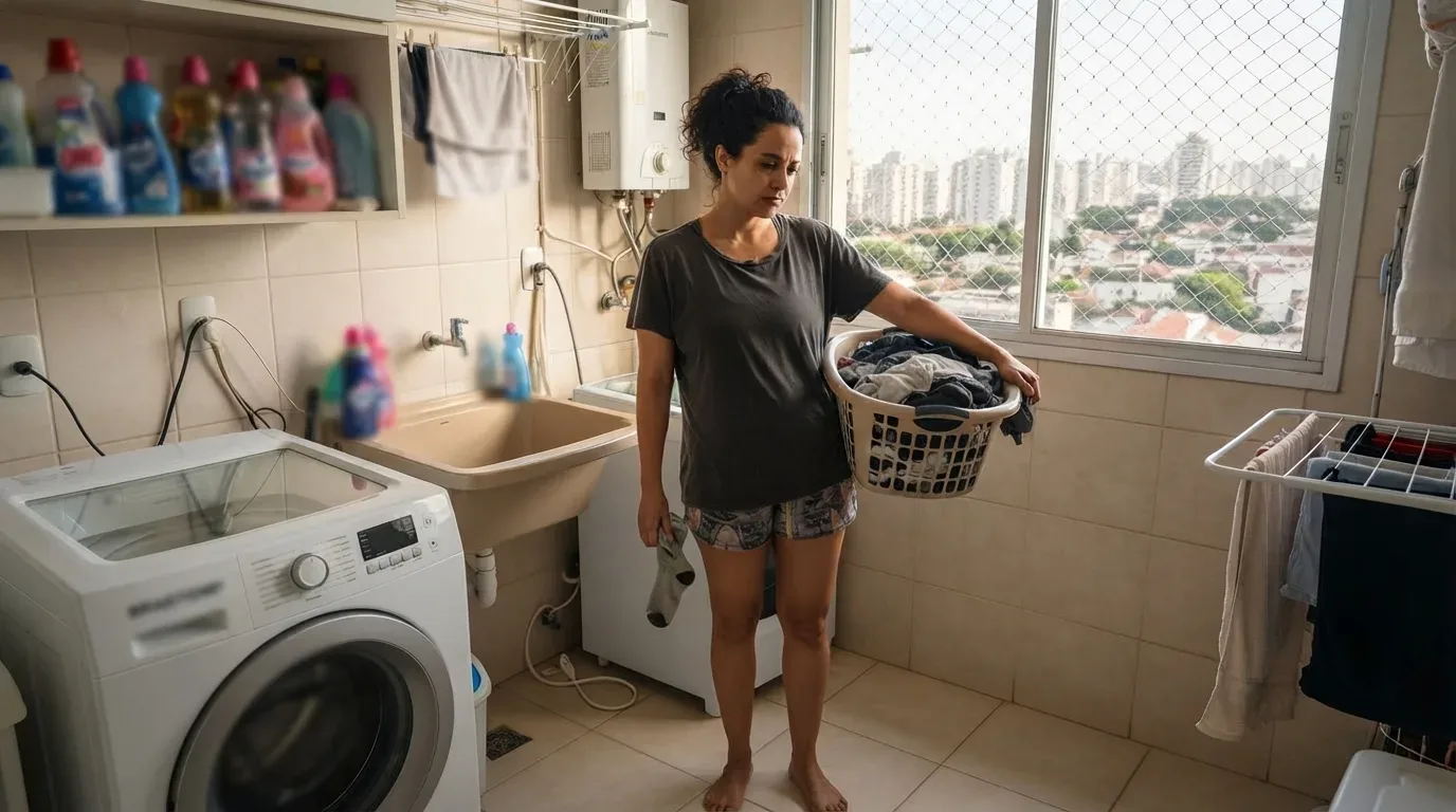 Uma mulher com expressão reflexiva em uma área de serviço de apartamento, segurando um cesto pesado de roupas sujas sob um dos braços. Ao seu redor estão uma máquina de lavar de abertura frontal, prateleiras com produtos de limpeza, tanque e uma janela com vista para o panorama urbano.