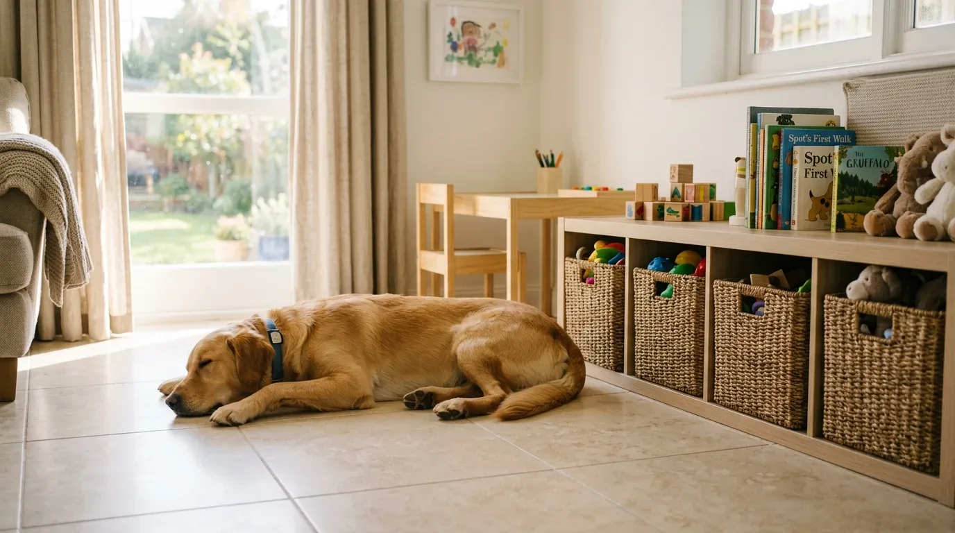 Fotografia em plano médio de um cão da raça Golden Retriever deitado e dormindo confortavelmente sobre o piso de cerâmica clara de uma sala de brinquedos infantil. Ao lado do cão, destaca-se um móvel organizador baixo de madeira com nichos contendo cestos de palha trançada repletos de brinquedos, além de livros infantis e bichos de pelúcia dispostos na parte superior. Ao fundo, a luz do dia entra por uma grande janela com cortinas claras voltada para o jardim.