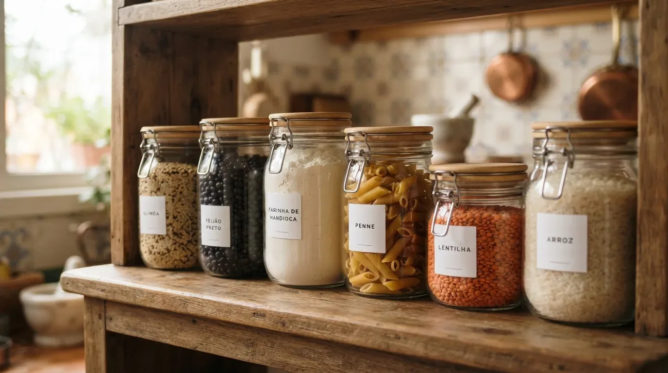 Fotografia em plano fechado de potes de vidro herméticos organizados em uma prateleira de madeira. Cada recipiente armazena alimentos secos identificados por etiquetas com os nomes "QUINOA", "FEIJÃO PRETO", "FARINHA DE MANDIOCA", "PENNE", "LENTILHA" e "ARROZ".