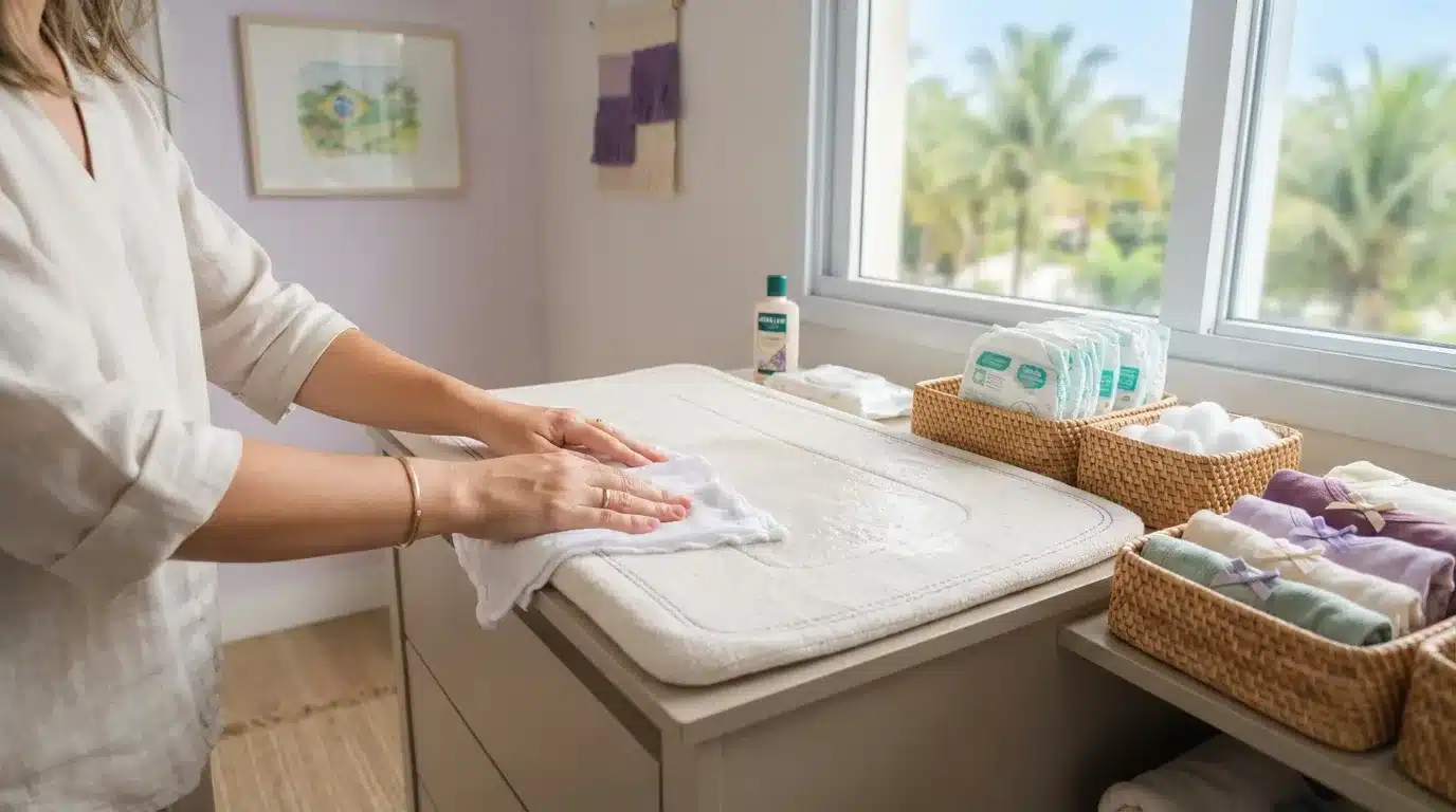 Fotografia em plano médio detalhando a higienização de um trocador de fraldas acolchoado sobre uma cômoda infantil. Uma pessoa utiliza um pano macio branco para limpar a superfície do colchonete. Ao lado, cestos organizadores de palha acomodam fraldas descartáveis, bolas de algodão e roupinhas de bebê dobradas em tons sutis de roxo e verde, próximos a uma janela iluminada com vista para árvores.