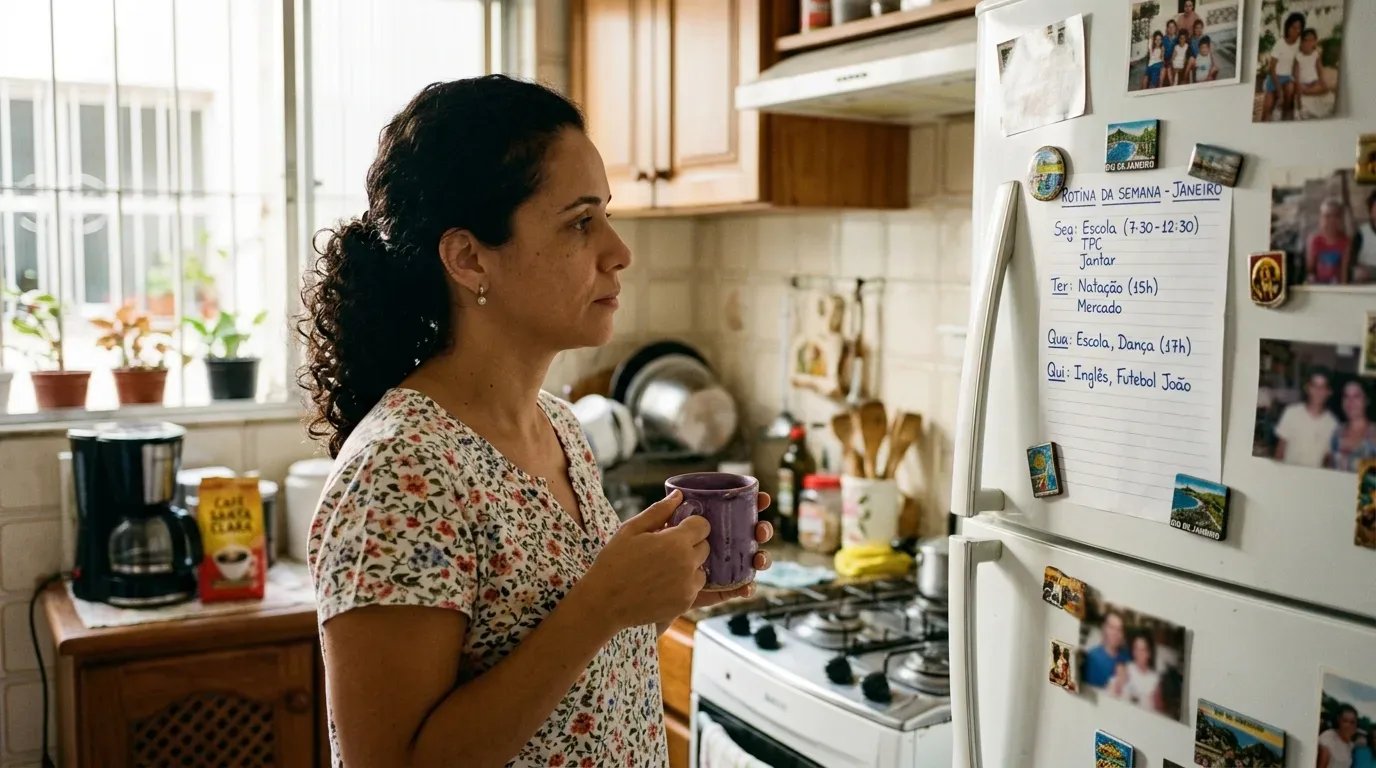 Uma mulher em pé na cozinha segurando uma caneca roxa enquanto observa um planejamento semanal preso à geladeira por ímãs. A folha, intitulada "ROTINA DA SEMANA - JANEIRO", organiza horários e tarefas da família como escola, natação, dança e futebol, cercada por fotografias de recordação.