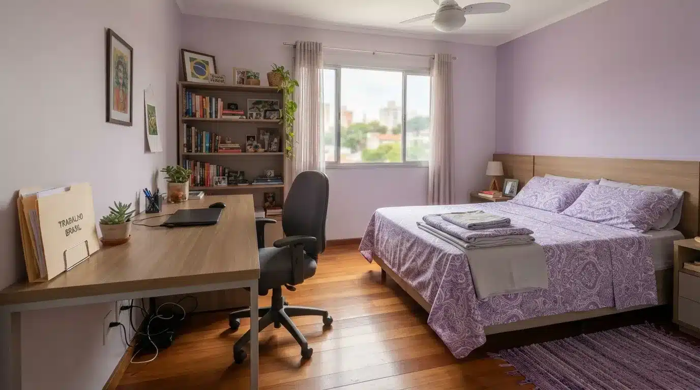 Fotografia em plano aberto de um quarto com home office integrado, decorado com paredes lilás e piso de madeira. À esquerda, a estação de trabalho conta com escrivaninha de madeira, notebook fechado, cadeira ergonômica preta, vasos de suculentas e um organizador com a etiqueta "TRABALHO BRASIL", além de uma estante de livros ao fundo. À direita, a cama de casal está arrumada com jogo de cama estampado em tom lilás e mantas dobradas, acompanhada por um tapete roxo trançado.