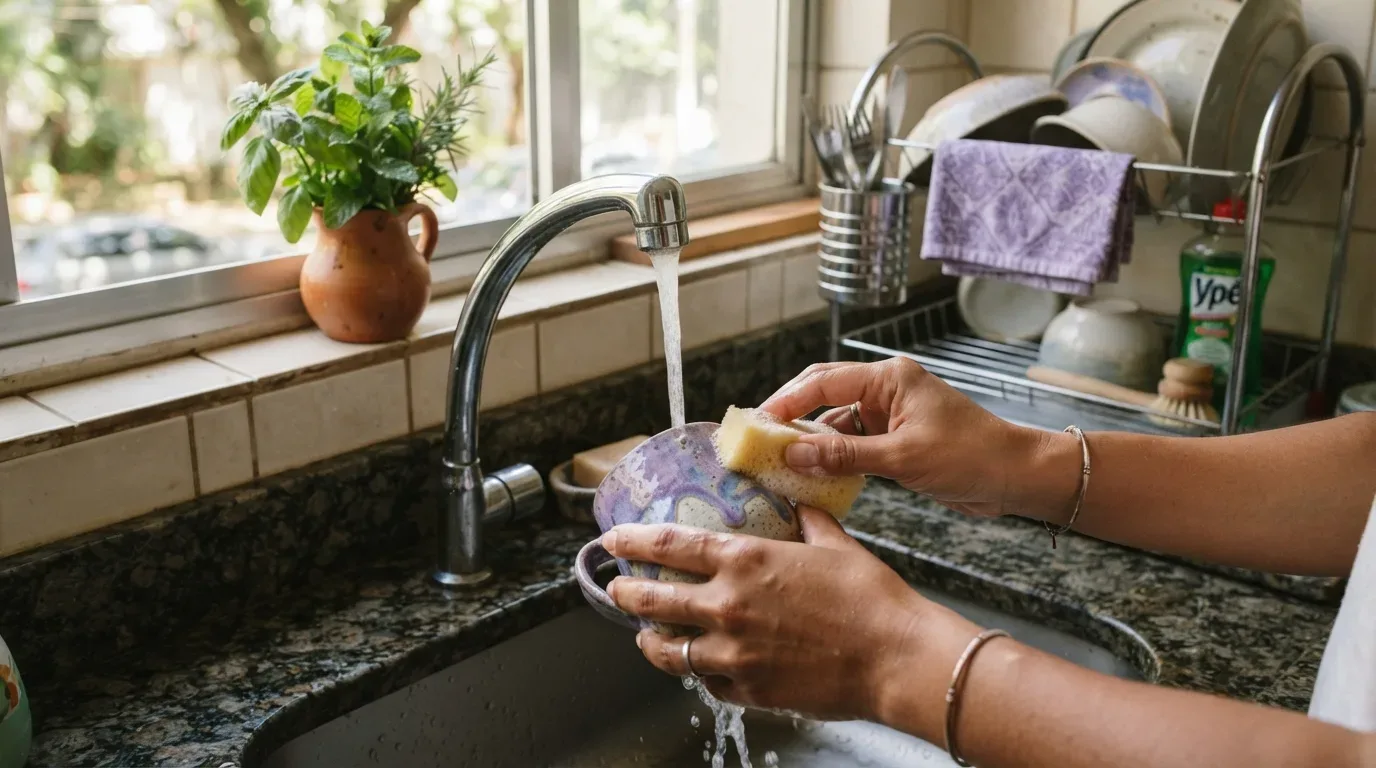 Fotografia em plano fechado das mãos de uma pessoa lavando uma caneca artesanal de cerâmica com esmalte roxo e bege sob a água corrente de uma torneira de pia. Ela utiliza uma esponja amarela para esfregar a louça. Ao fundo, perto da janela ensolarada, observam-se um vaso de cerâmica com ervas frescas (hortelã e alecrim), um escorredor metálico com pratos e tigelas, um pano de prato roxo e um frasco de detergente Ypê.