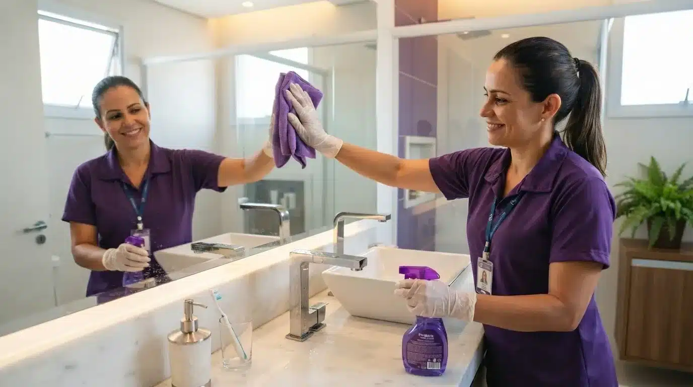 Fotografia em plano médio de uma profissional de limpeza sorridente, vestindo camisa polo roxa com crachá de identificação e luvas brancas de proteção. Ela utiliza um pano de microfibra roxo para limpar o espelho de um banheiro iluminado, enquanto segura um frasco borrifador roxo sobre a bancada de mármore clara, ao lado de uma pia de sobrepor e utensílios de higiene.