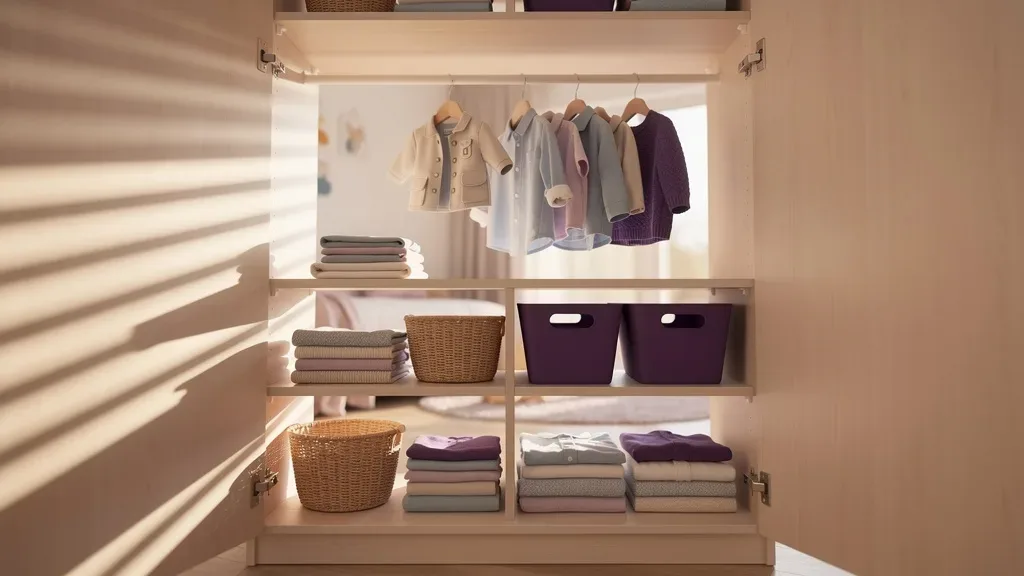 Interior de guarda-roupa infantil com roupas sazonais e sombras suaves