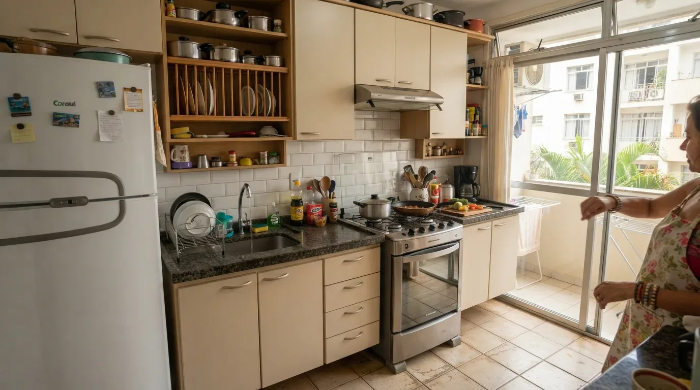 Fotografia em plano aberto de uma cozinha residencial de apartamento bem iluminada e organizada. A bancada de granito reúne pia, escorredor de louça e fogão com panelas ao fogo sob armários planejados em madeira clara, tendo a geladeira à esquerda e uma porta de vidro de correr à direita que dá acesso à varanda.