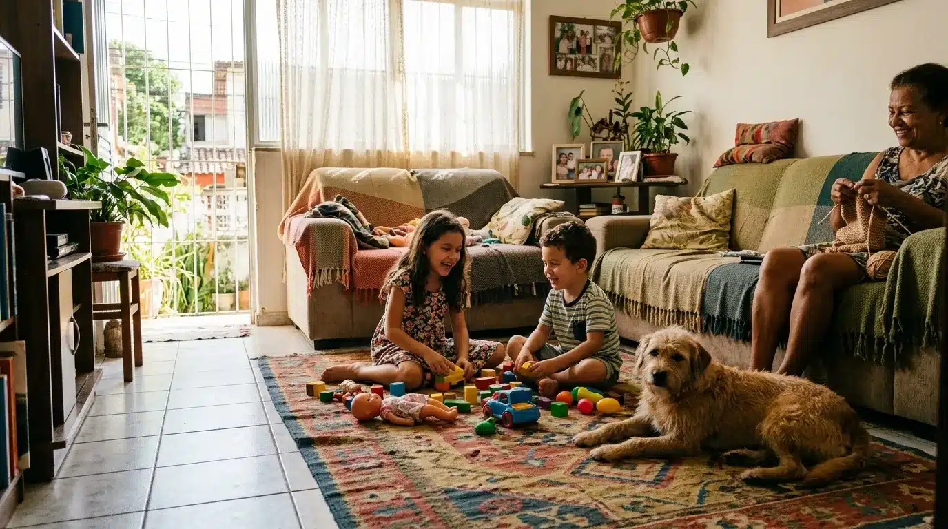 Duas crianças pequenas brincando felizes com blocos de montar e carretos coloridos sobre um tapete estampado na sala de estar. Ao lado delas no chão, um cachorro caramelo peludo repousa tranquilo, enquanto uma senhora idosa sentada no sofá faz crochê e observa a cena em um ambiente aconchegante.