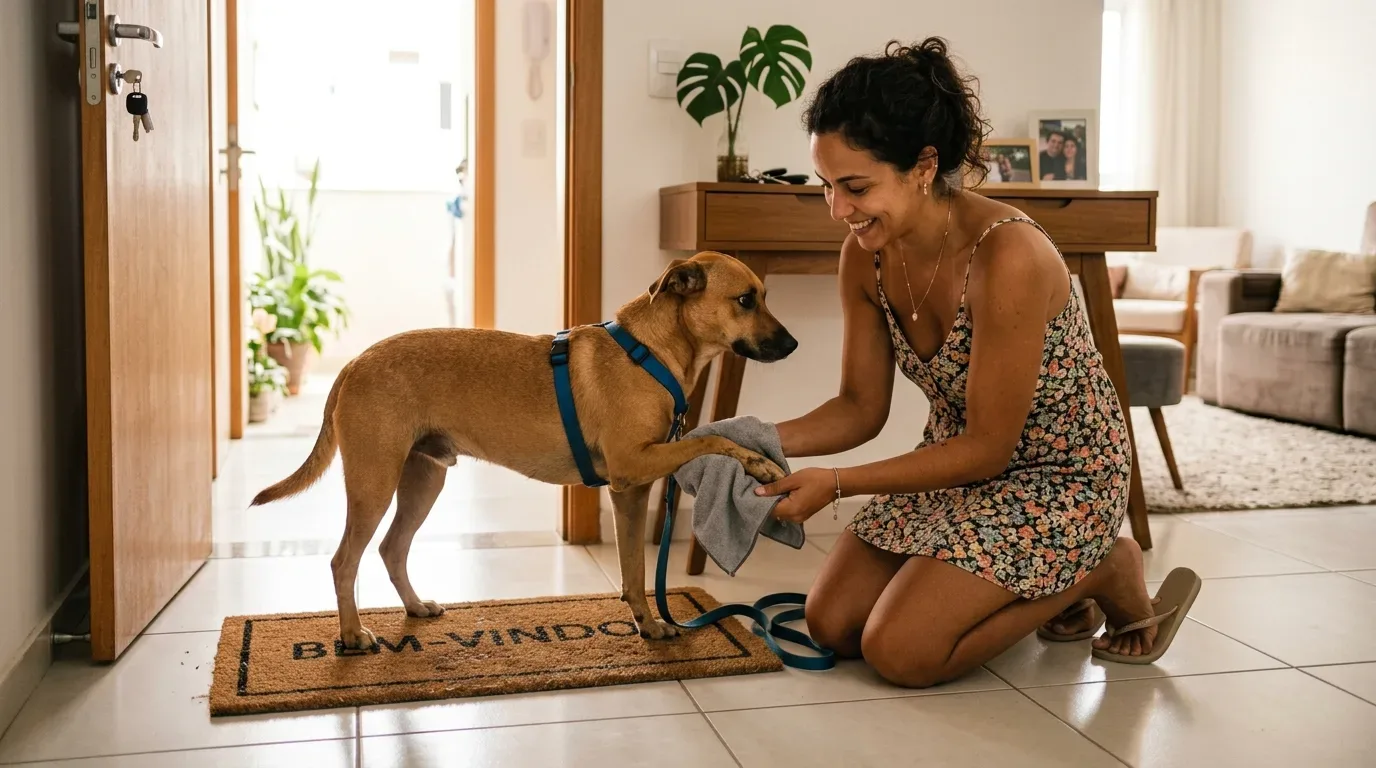 Uma mulher sorridente ajoelhada na entrada de um apartamento, limpando cuidadosamente a pata de um cachorro caramelo com peitoral azul usando um pano cinza. O cão está em pé sobre um capacho escrito "BEM-VINDO" junto à porta aberta.