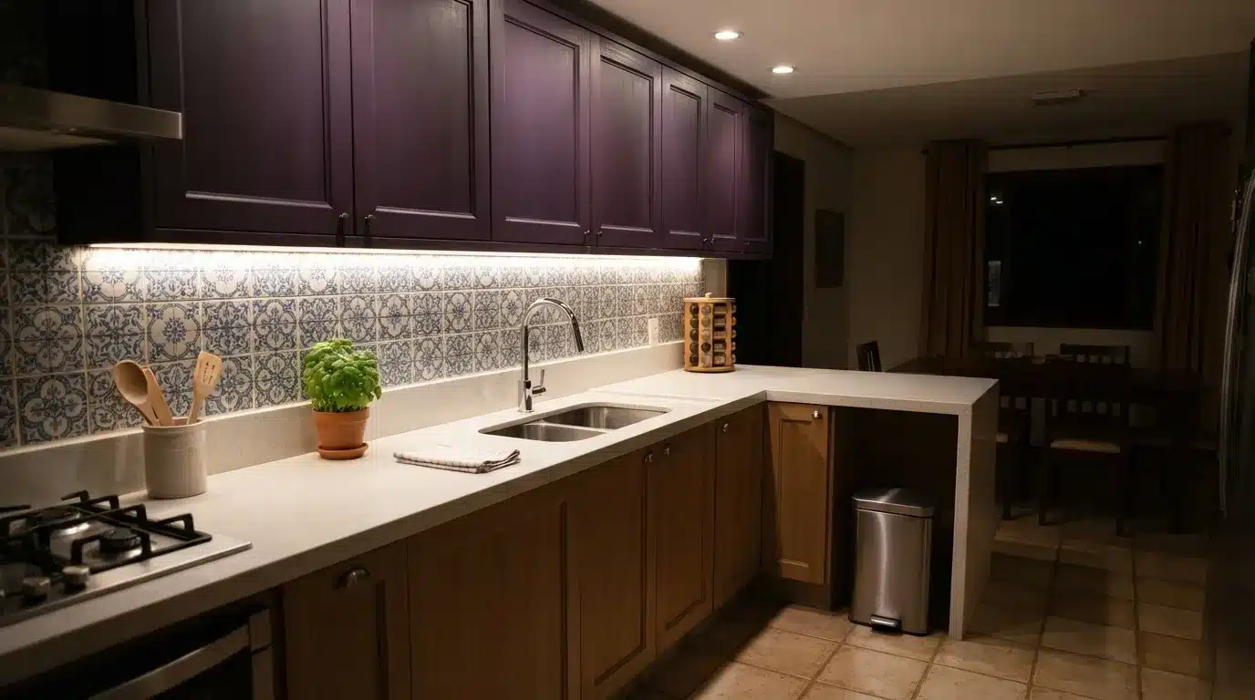 Fotografia em plano aberto de uma cozinha limpa e organizada à noite. Os armários superiores em tom roxo-escuro possuem iluminação embutida de fita LED que destaca o revestimento de azulejos em estilo português azul e branco. A bancada de quartzito claro possui pia de cuba dupla em inox, um vaso de manjericão fresco, utensílios de madeira em um suporte de cerâmica e uma lixeira de pedal em inox ao lado do balcão. Ao fundo, observa-se a sala de jantar iluminada suavemente.