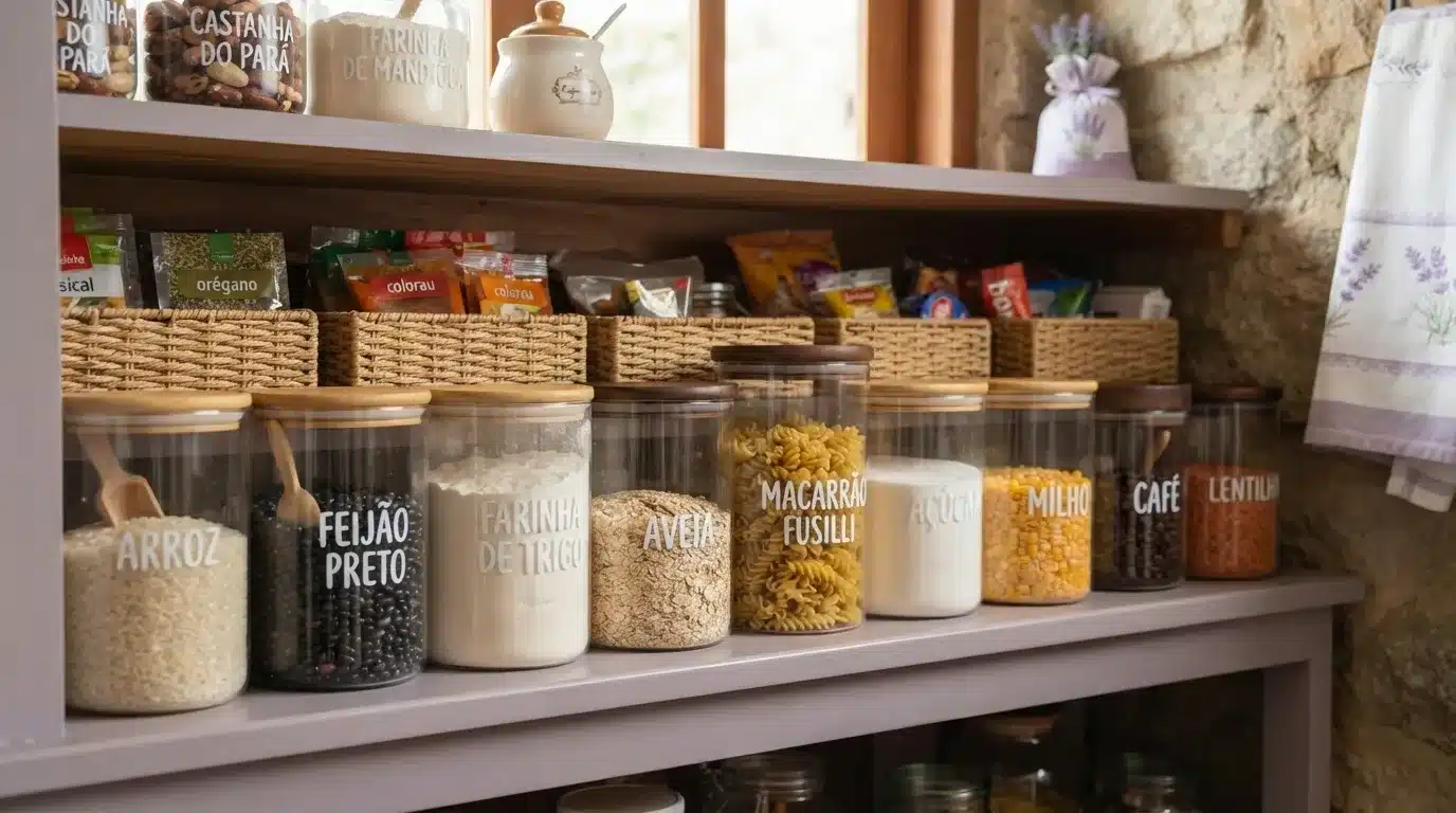 Fotografia em plano detalhado de uma despensa perfeitamente organizada sobre prateleiras de madeira na cor lilás. Na prateleira central, potes de vidro herméticos com tampas de madeira exibem etiquetas brancas identificando mantimentos como ARROZ, FEIJÃO PRETO, FARINHA DE TRIGO, AVEIA, MACARRÃO FUSILLI, AÇÚCAR, MILHO, CAFÉ e LENTILHA. Atrás dos potes, cestos de palha organizam envelopes de temperos, enquanto a prateleira superior acomoda potes etiquetados como CASTANHA DO PARÁ e FARINHA DE MANDIOCA.