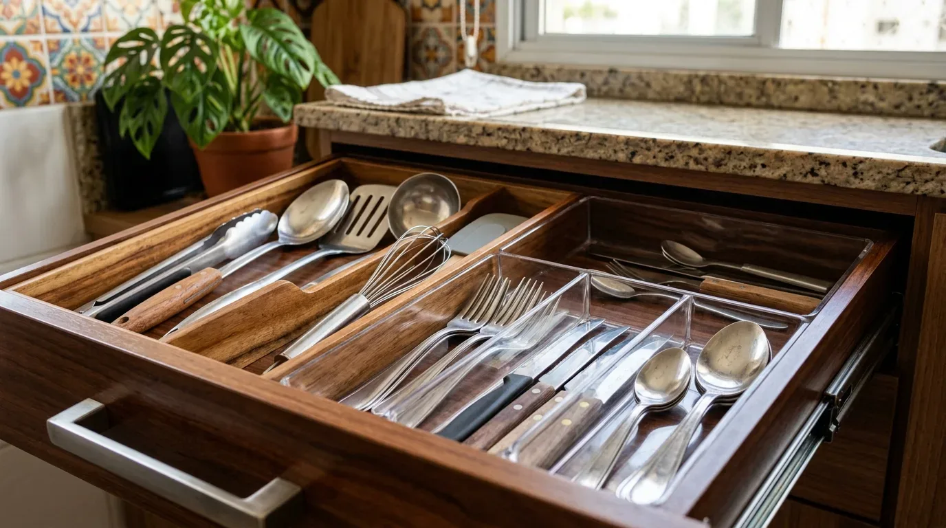 Fotografia em plano fechado de uma gaveta de cozinha de madeira aberta e perfeitamente organizada. Do lado esquerdo, divisórias de madeira separam utensílios grandes como concha, espátula, pegador e batedor de arame; do lado direito, organizadores de acrílico transparente acomodam talheres como garfos, facas e colheres alinhados.