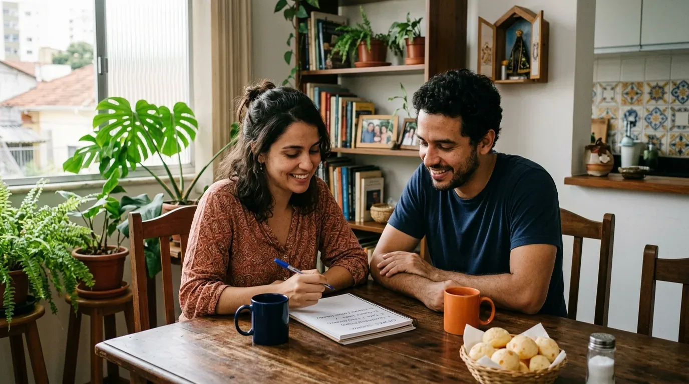 Um casal sorridente sentado à mesa de jantar de madeira em um apartamento acolhedor. A mulher utiliza uma caneta para organizar uma lista em um caderno enquanto o homem observa ao seu lado. Sobre a mesa estão duas xícaras de café, uma cesta de pães de queijo e, ao fundo, estantes com livros e plantas decorativas.