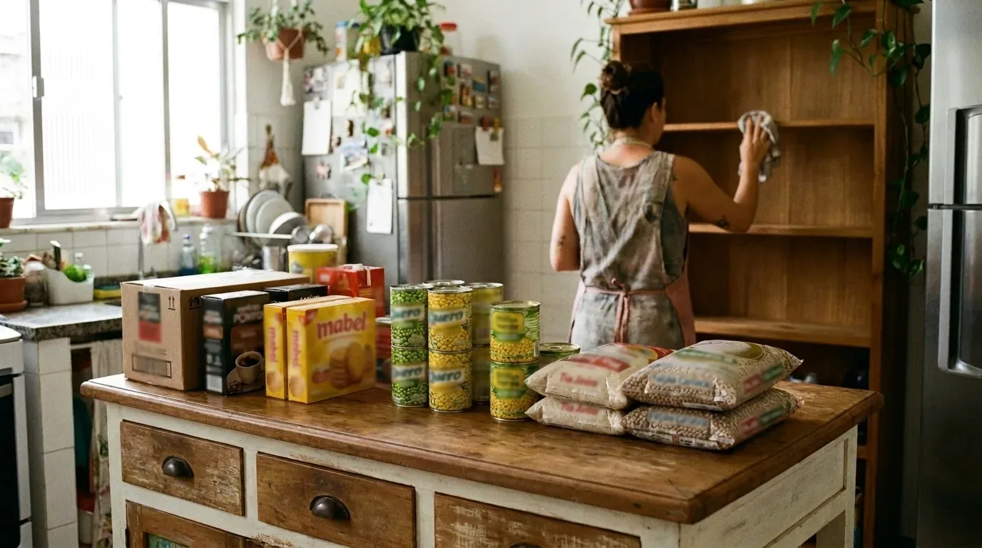 Uma ilha de cozinha em madeira repleta de embalagens de alimentos e mantimentos, como sacos de feijão, arroz, latas de milho e caixas de biscoito. Ao fundo, uma mulher limpa o interior de um armário despensa de madeira.