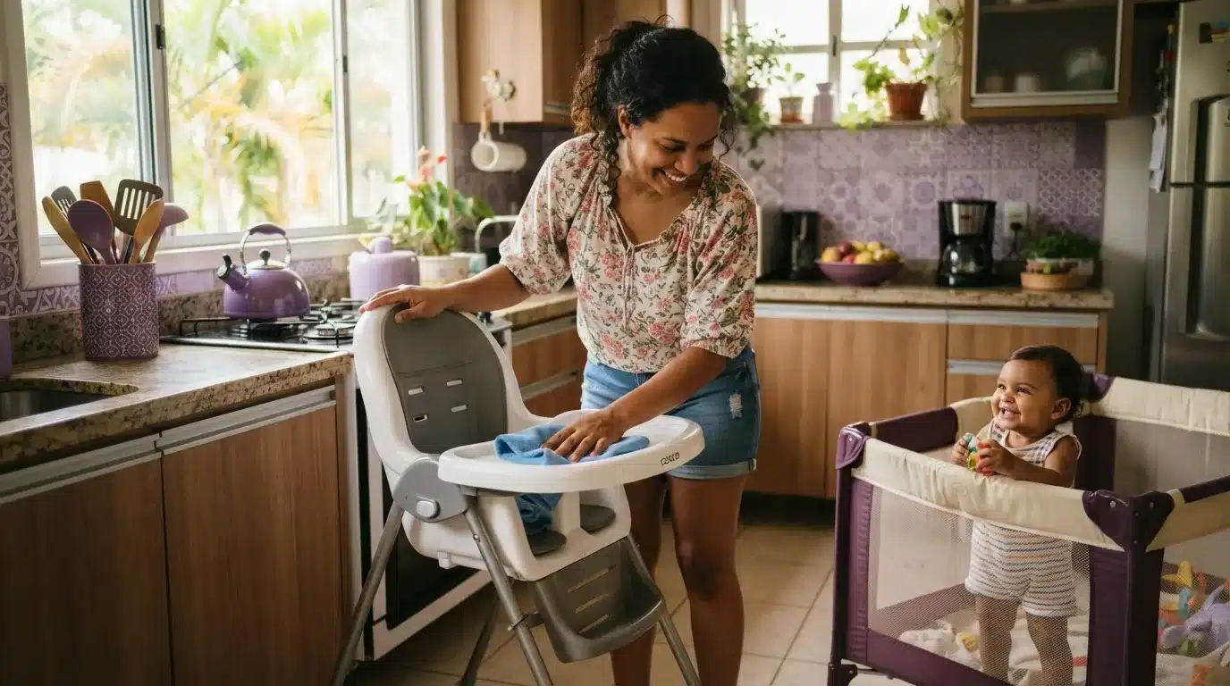 Fotografia em plano médio de uma mãe sorridente de blusa florida higienizando a bandeja de uma cadeira de alimentação infantil com um pano azul na cozinha. Ao lado, o bebê se diverte em pé dentro de um cercadinho portátil de estrutura roxa, sorrindo enquanto segura um brinquedo. O ambiente conta com armários em tom de madeira, azulejos decorativos lilás e plantas na janela.