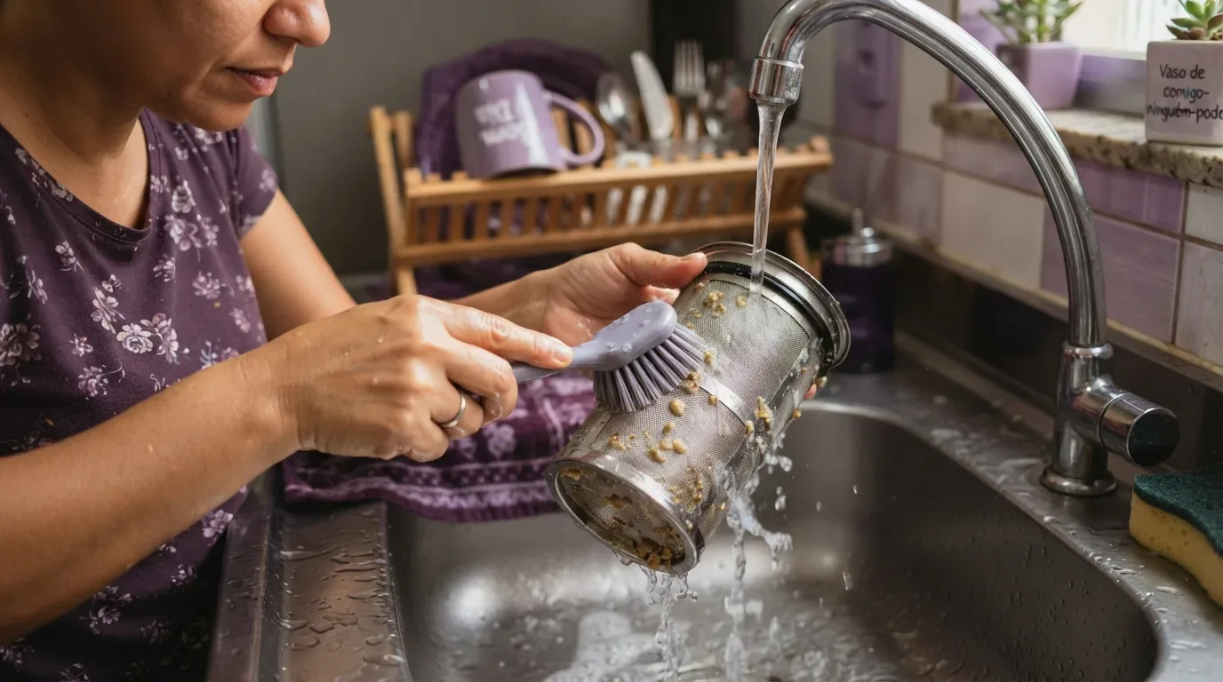 Fotografia em plano médio de uma mulher de blusa florida roxa higienizando o filtro de malha metálica de uma máquina lava-louças. Sob a água corrente da torneira na pia de inox, ela utiliza uma escovinha de cerdas roxas para esfregar e remover pequenos resíduos de alimentos impregnados no filtro cilíndrico. Ao fundo, veem-se um escorredor de madeira com uma caneca roxa, azulejos lilás e pequenos vasos decorativos.