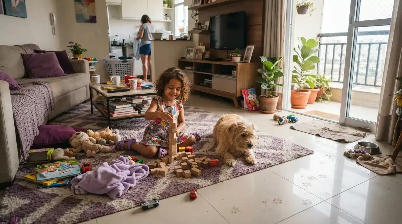 Fotografia em plano aberto de uma menina de cabelos cacheados e vestido estampado, sentada no chão de uma sala de estar sobre um tapete estampado em tons de roxo e branco. Ela sorri enquanto empilha blocos de madeira para construir uma torre, acompanhada por um cão de pelagem dourada deitado ao seu lado. O ambiente conta com brinquedos e livros espalhados, sofá com almofadas roxas, porta de acesso à varanda com plantas e a cozinha integrada ao fundo.