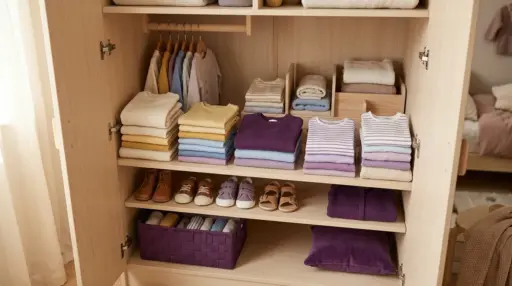 Armário infantil aberto com pilhas de roupas coloridas e cestos roxos sob luz natural