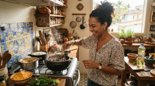 Uma mulher sorridente mexendo uma panela de barro no fogão com uma colher de pau enquanto prepara uma refeição. Sobre as bocas do fogão e a bancada veem-se acompanhamentos como arroz, farofa, fatias de laranja e temperos frescos, em uma cozinha acolhedora decorada com azulejos artesanais azuis e amarelos.