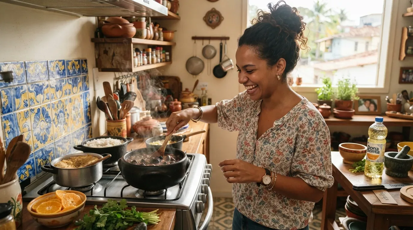 Uma mulher sorridente mexendo uma panela de barro no fogão com uma colher de pau enquanto prepara uma refeição. Sobre as bocas do fogão e a bancada veem-se acompanhamentos como arroz, farofa, fatias de laranja e temperos frescos, em uma cozinha acolhedora decorada com azulejos artesanais azuis e amarelos.