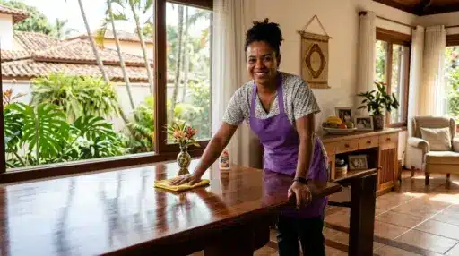 Uma mulher sorridente vestindo avental roxo enquanto lustra uma mesa de jantar de madeira maciça com um pano amarelo e frasco de lustra-móveis. O cômodo é iluminado por uma janela ampla com vista para um jardim de plantas tropicais.