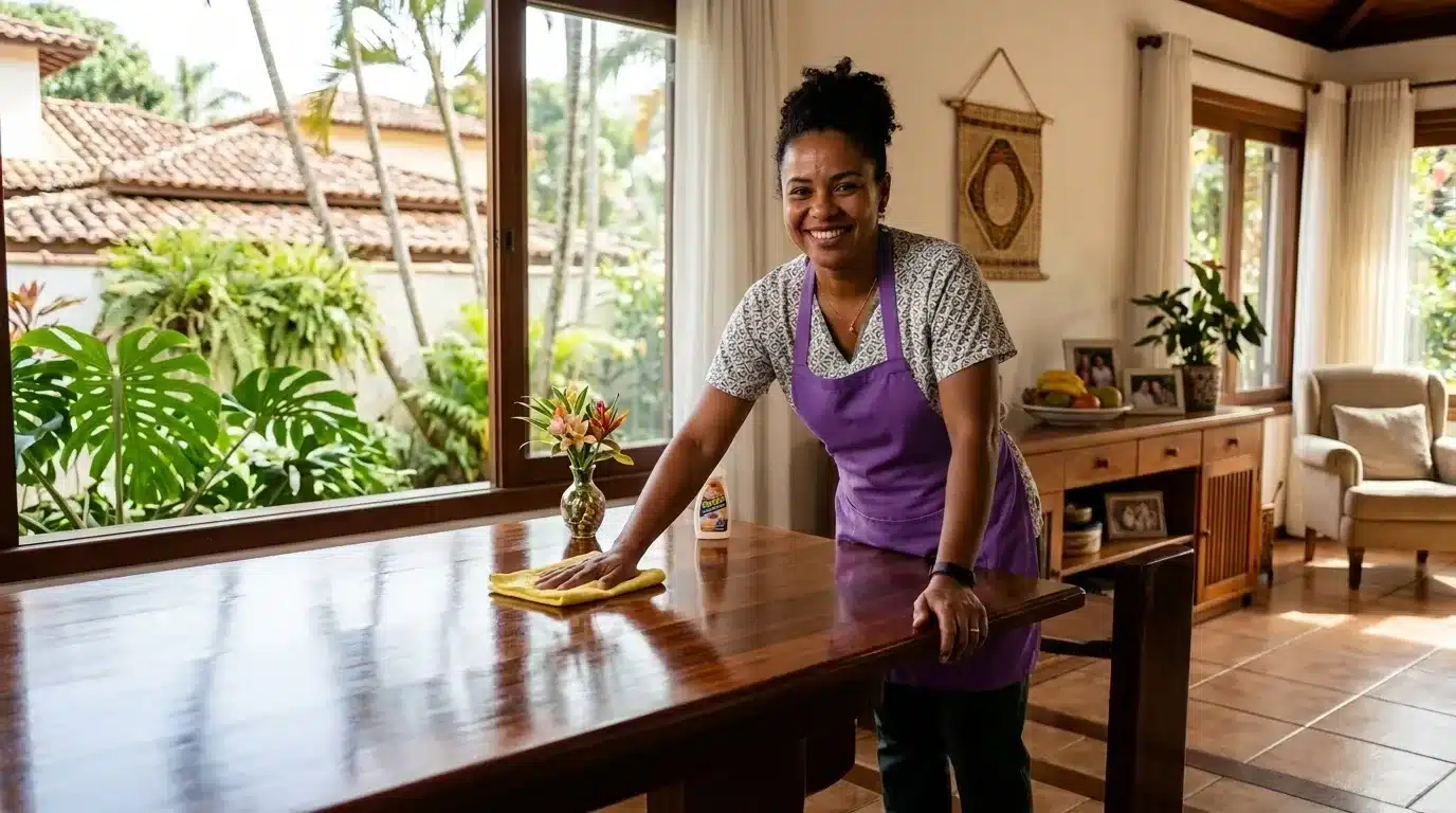 Uma mulher sorridente vestindo avental roxo enquanto lustra uma mesa de jantar de madeira maciça com um pano amarelo e frasco de lustra-móveis. O cômodo é iluminado por uma janela ampla com vista para um jardim de plantas tropicais.