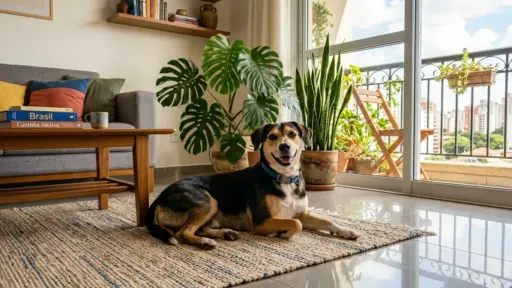 Um cachorro de pelagem preta e caramelo deitado alegremente sobre um tapete de fibra trançada no chão da sala de estar. O ambiente é iluminado pela luz natural de uma varanda envidraçada, rodeado por vasos de plantas como costela-de-adão e espada-de-são-jorge.