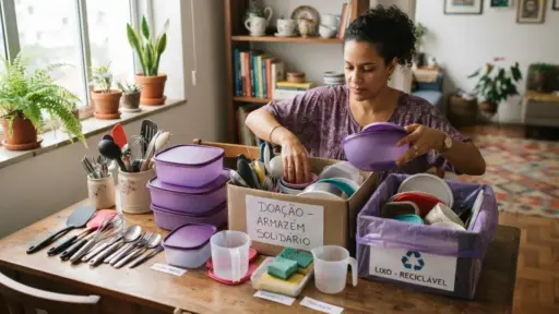 Fotografia em plano médio de uma mulher de cabelos cacheados e blusa roxa separando potes e utensílios de cozinha sobre uma mesa de madeira. Ela segura uma tigela roxa enquanto organiza os objetos entre duas caixas: uma de papelão etiquetada como "DOAÇÃO - ARMAZÉM SOLIDÁRIO" e uma caixa plástica roxa identificada com o símbolo de reciclagem e a legenda "LIXO - RECICLÁVEL". A mesa contém conjuntos de potes plásticos empilhados, talheres, batedores de arame, espátulas e copos medidores.