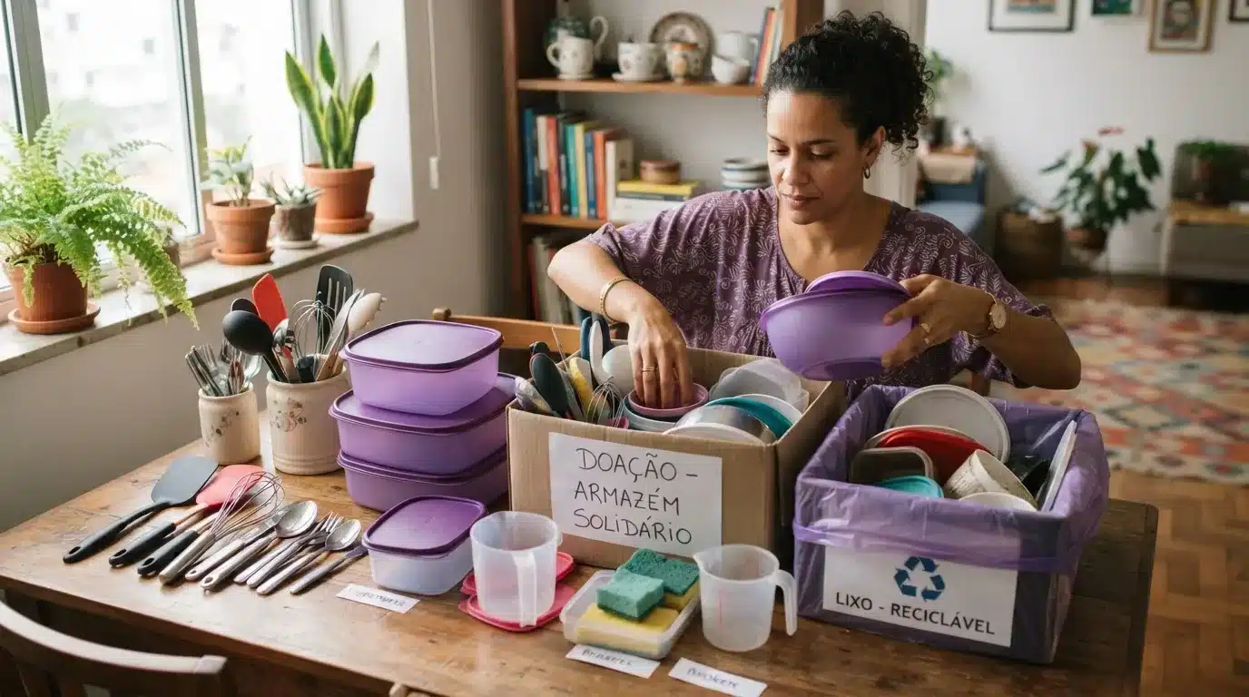 Fotografia em plano médio de uma mulher de cabelos cacheados e blusa roxa separando potes e utensílios de cozinha sobre uma mesa de madeira. Ela segura uma tigela roxa enquanto organiza os objetos entre duas caixas: uma de papelão etiquetada como "DOAÇÃO - ARMAZÉM SOLIDÁRIO" e uma caixa plástica roxa identificada com o símbolo de reciclagem e a legenda "LIXO - RECICLÁVEL". A mesa contém conjuntos de potes plásticos empilhados, talheres, batedores de arame, espátulas e copos medidores.