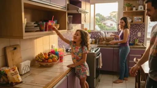 Fotografia em plano aberto de um momento em família na cozinha. Em primeiro plano, uma criança de macacão floral estica o braço sorridente para pegar um copo infantil colorido em uma prateleira aberta dos armários planejados em tom roxo. Na bancada de azulejos claros, veem-se uma fruteira cheia de bananas, laranjas e uvas, além de um pacote de pão de queijo. Ao fundo, a mãe lava a louça na pia perto da janela e o pai aproxima-se da mesa.