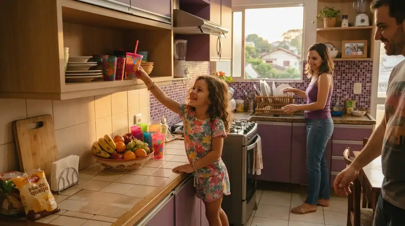 Fotografia em plano aberto de um momento em família na cozinha. Em primeiro plano, uma criança de macacão floral estica o braço sorridente para pegar um copo infantil colorido em uma prateleira aberta dos armários planejados em tom roxo. Na bancada de azulejos claros, veem-se uma fruteira cheia de bananas, laranjas e uvas, além de um pacote de pão de queijo. Ao fundo, a mãe lava a louça na pia perto da janela e o pai aproxima-se da mesa.