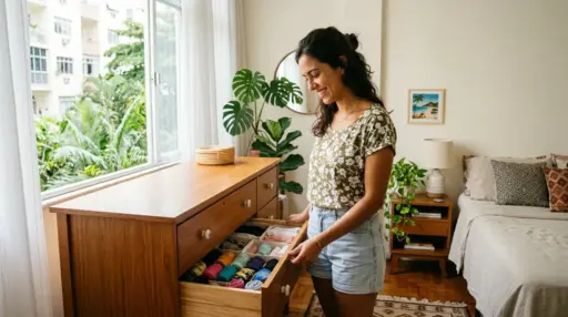 Uma mulher sorridente abrindo a gaveta de uma cômoda de madeira em um quarto iluminado. O interior da gaveta revela uma organização com colméias organizadoras contendo peças de roupa coloridas cuidadosamente enroladas em rolinhos.