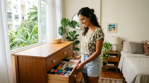 Uma mulher sorridente abrindo a gaveta de uma cômoda de madeira em um quarto iluminado. O interior da gaveta revela uma organização com colméias organizadoras contendo peças de roupa coloridas cuidadosamente enroladas em rolinhos.