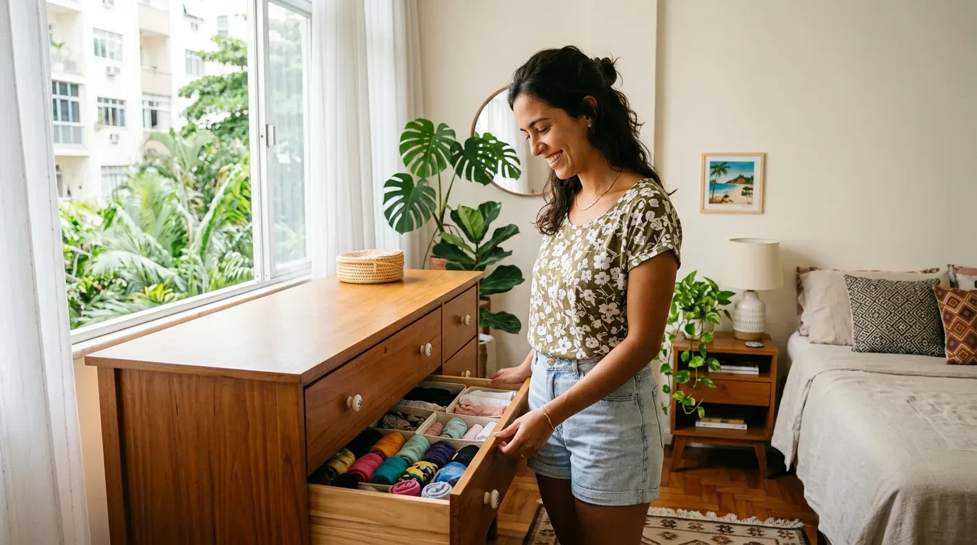 Uma mulher sorridente abrindo a gaveta de uma cômoda de madeira em um quarto iluminado. O interior da gaveta revela uma organização com colméias organizadoras contendo peças de roupa coloridas cuidadosamente enroladas em rolinhos.
