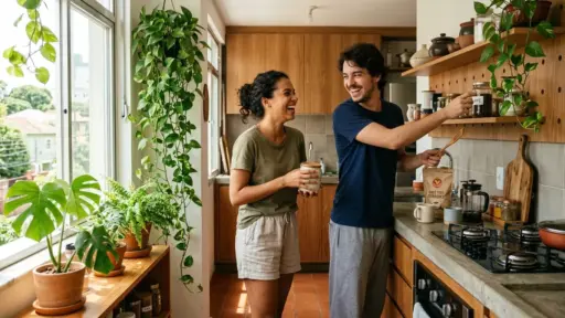 Um casal rindo enquanto organiza a cozinha ensolarada do apartamento. O homem alcança um pote de café em uma prateleira de madeira suspensa, enquanto a mulher segura um recipiente de cerâmica. A bancada é composta por uma prensa francesa, fogão cooktop, utensílios e plantas pendentes em vasos ao lado da janela.