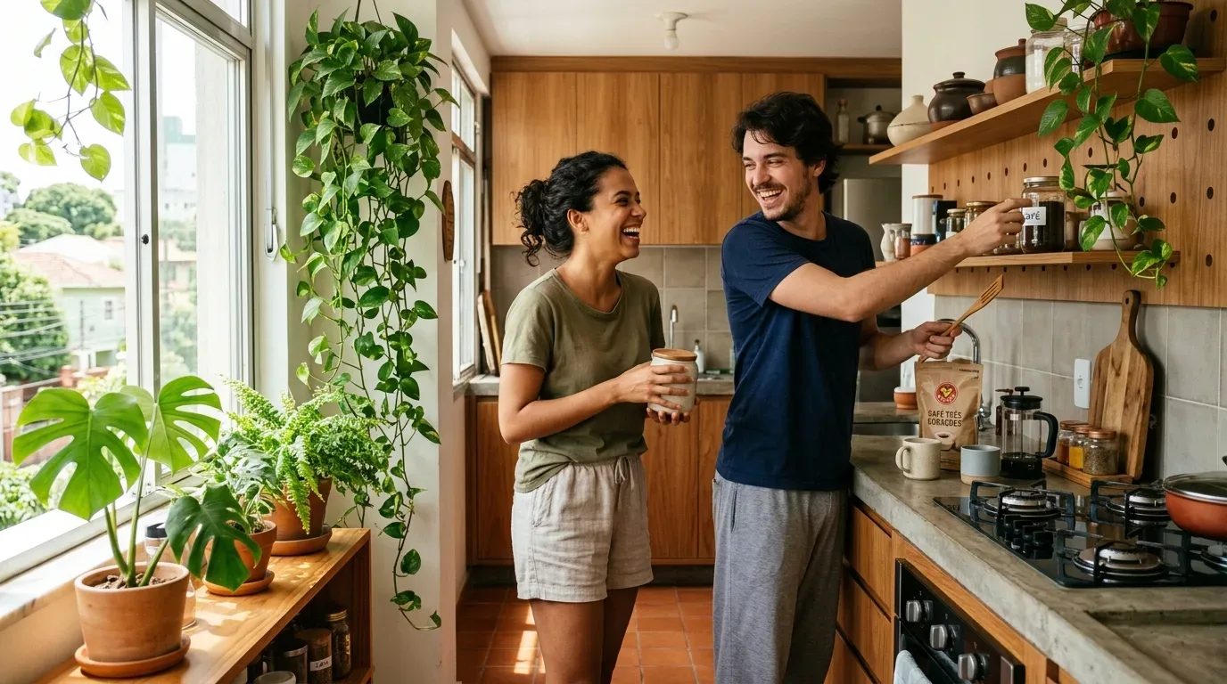 Um casal rindo enquanto organiza a cozinha ensolarada do apartamento. O homem alcança um pote de café em uma prateleira de madeira suspensa, enquanto a mulher segura um recipiente de cerâmica. A bancada é composta por uma prensa francesa, fogão cooktop, utensílios e plantas pendentes em vasos ao lado da janela.