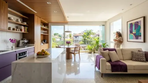 Fotografia em plano aberto de uma cozinha integrada à sala de estar em conceito aberto com acabamento moderno. Em primeiro plano, destaca-se uma ilha de mármore claro com uma fruteira, além de armários planejados em tom roxo com acabamentos em madeira e uma máquina de café na bancada. Na sala, um sofá bege é decorado com uma manta roxa e almofadas geométricas sob um quadro de arte abstrata na parede. Ao fundo, uma mulher segura uma xícara junto à varanda envidraçada rodeada por plantas e vista para a cidade.