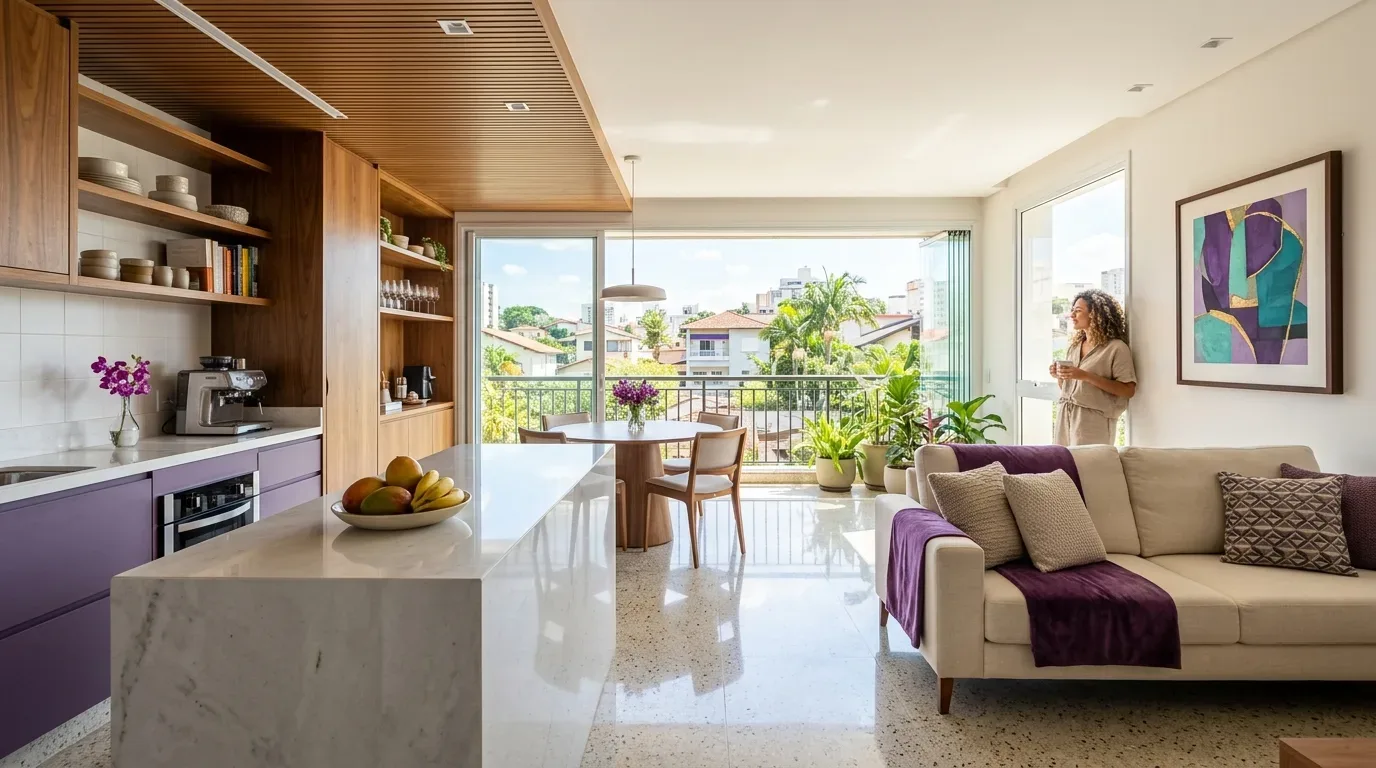 Fotografia em plano aberto de uma cozinha integrada à sala de estar em conceito aberto com acabamento moderno. Em primeiro plano, destaca-se uma ilha de mármore claro com uma fruteira, além de armários planejados em tom roxo com acabamentos em madeira e uma máquina de café na bancada. Na sala, um sofá bege é decorado com uma manta roxa e almofadas geométricas sob um quadro de arte abstrata na parede. Ao fundo, uma mulher segura uma xícara junto à varanda envidraçada rodeada por plantas e vista para a cidade.