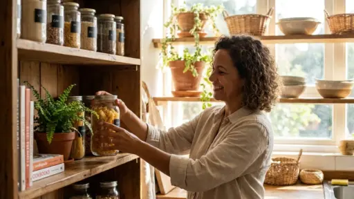 Uma mulher sorridente acomodando um pote de vidro com macarrão em um armário de madeira. A despensa está organizada com potes etiquetados, livros de culinária e vasos de plantas em um ambiente iluminado pela janela ao fundo.
