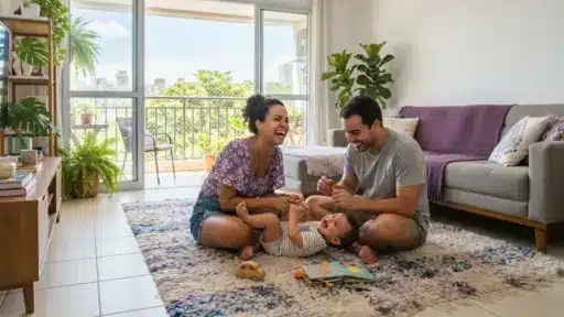 Fotografia em plano aberto de uma família feliz brincando no chão da sala de estar. O pai e a mãe sorriem enquanto divertem o bebê, que repousa de costas sobre um tapete felpudo com detalhes em roxo. O ambiente é amplo e acolhedor, decorado com sofá cinza acompanhado de manta roxa, vasos de plantas e portas de acesso a uma varanda ensolarada ao fundo.