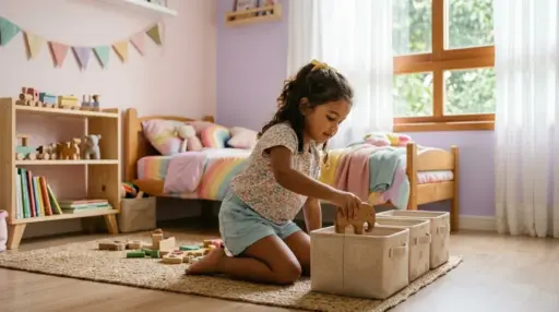 Uma criança ajoelhada sobre um tapete de fibra no chão de um quarto infantil, guardando um brinquedo de madeira em formato de elefante dentro de um cesto organizador de tecido. Ao fundo, observam-se uma cama com enxoval colorido em tons arco-íris, estante de madeira com livros e bandeirinhas decorativas na parede.