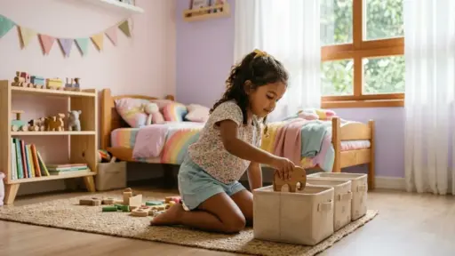 Uma criança ajoelhada sobre um tapete de fibra no chão de um quarto infantil, guardando um brinquedo de madeira em formato de elefante dentro de um cesto organizador de tecido. Ao fundo, observam-se uma cama com enxoval colorido em tons arco-íris, estante de madeira com livros e bandeirinhas decorativas na parede.