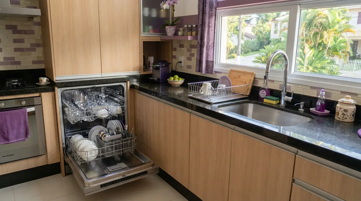 Fotografia em plano aberto de uma cozinha moderna com armários planejados em tom de madeira clara e bancada de granito escuro. A lava-louças de embutir está aberta, exibindo copos, taças de vidro, pratos e talheres limpos e organizados nos cestos internos. Ao lado, a bancada possui pia de inox com torneira gourmet de bico alto, escorredor de louça metálico, janela ampla com cortina roxa e um vaso com orquídea lilás na prateleira superior.