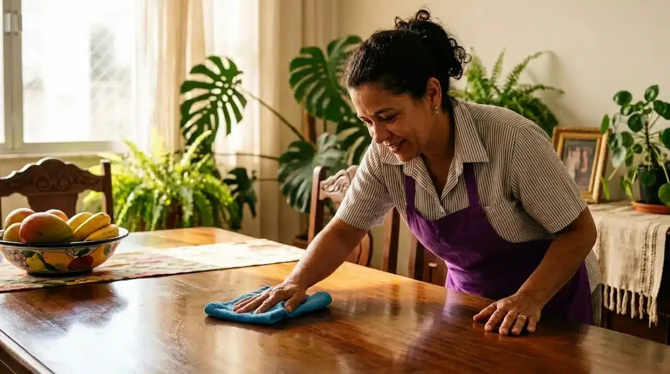 Uma mulher de avental roxo e t-shirt listrada a limpar e polir uma mesa de jantar de madeira maciça com um pano de microfibra azul. Sobre a mesa encontra-se uma fruteira com mangas e bananas, num ambiente acolhedor iluminado por luz natural com plantas ao fundo.