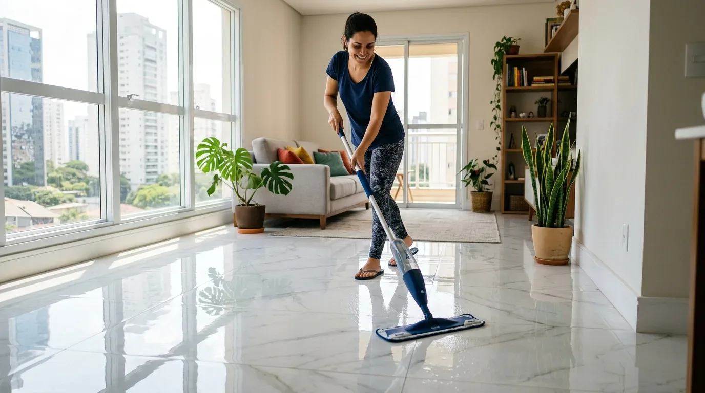 Uma mulher sorridente a passar uma mopa de limpeza no chão de porcelanato branco brilhante de uma sala de estar. O ambiente amplo e muito iluminado conta com grandes janelas panorâmicas com vista para edifícios da cidade, plantas de interior como a espada-de-são-jorge e um sofá cinzento ao fundo.