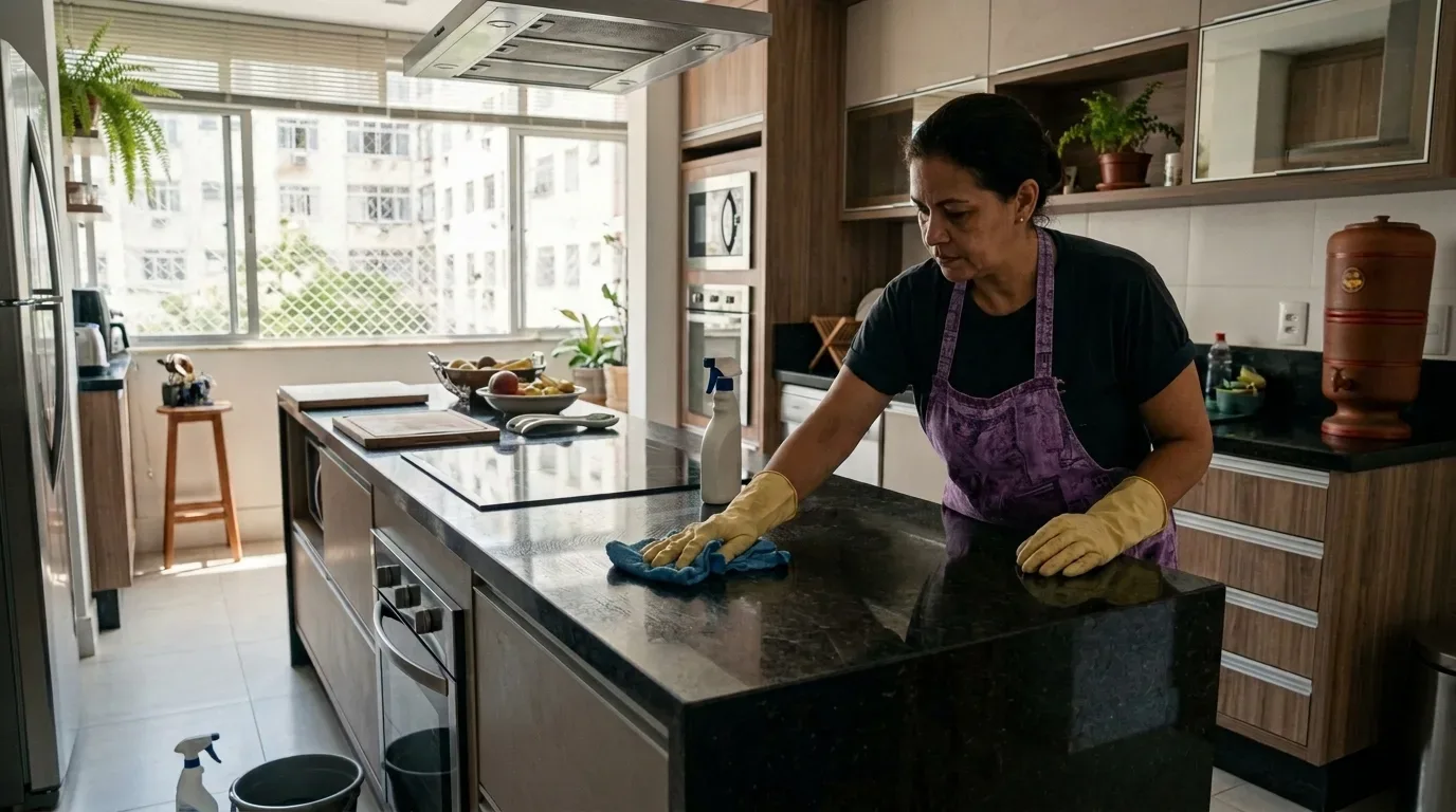 Uma mulher de avental roxo e luvas de borracha amarelas limpa a bancada de granito escuro de uma ilha de cozinha com um pano azul, em uma cozinha planejada com armários de madeira, cooktop e filtro de barro.