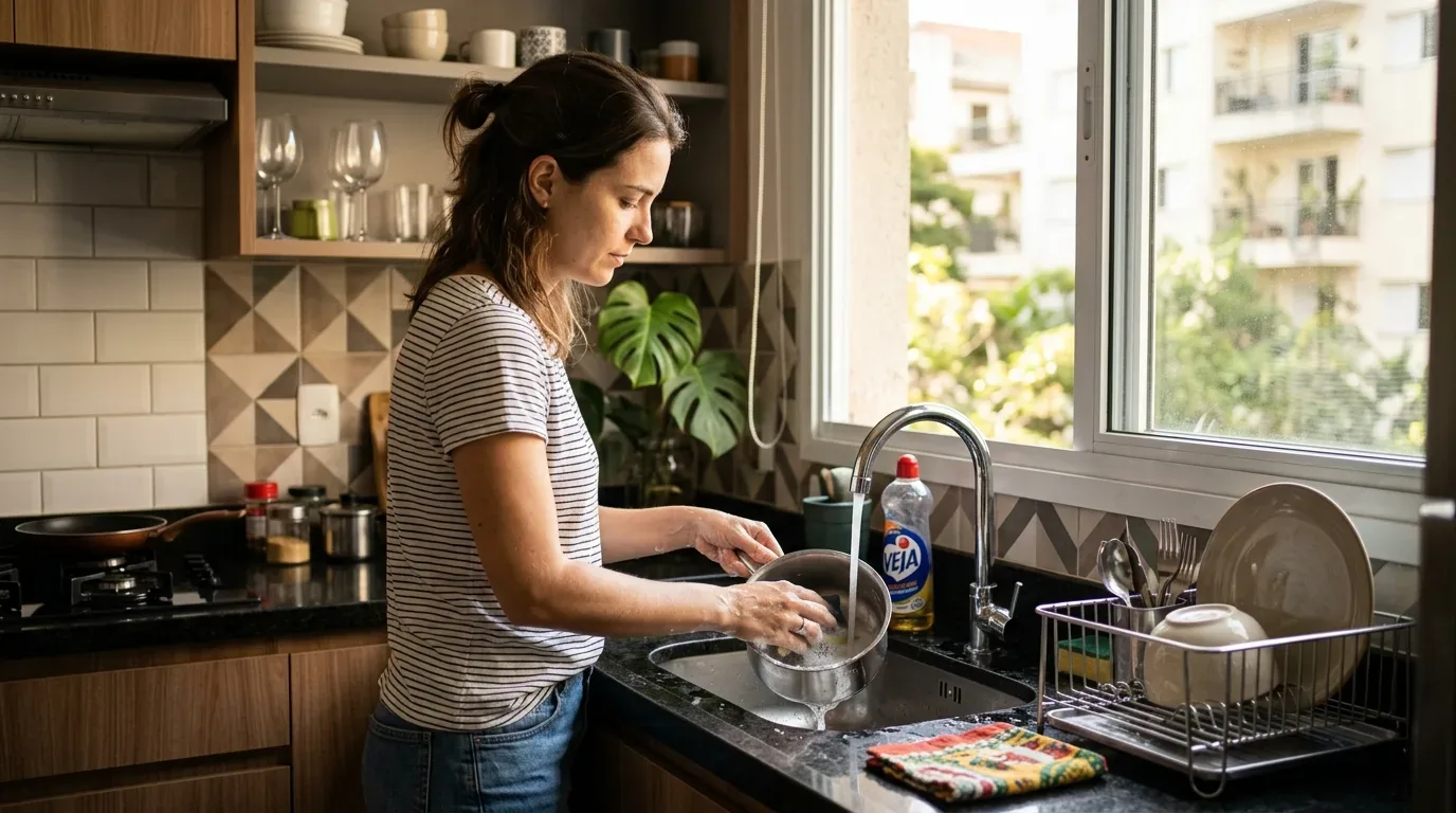 Uma mulher de t-shirt listrada a lavar uma panela sob água corrente no lava-loiça da cozinha. Ao lado da torneira encontra-se uma embalagem de detergente "VEJA" e um escorredor de loiça com pratos e copos, num ambiente bem iluminado por uma janela.
